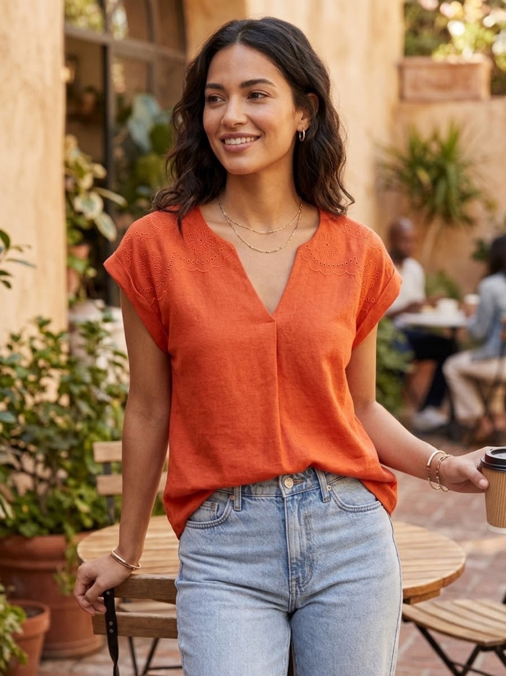 bobeau Orange V-Neck Cap Sleeve Blouse